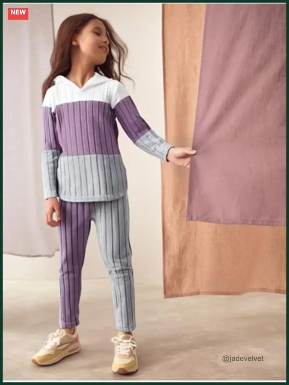 Colorblock Ribbed Long Sleeve Hoodie Sweatsuit Set for Girls